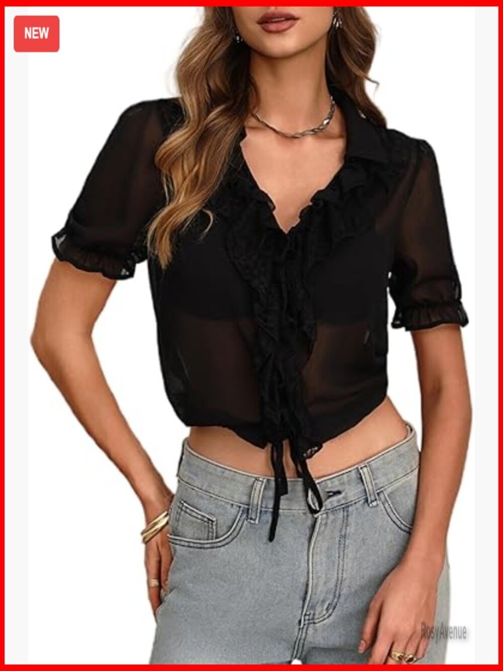 V Neck Lace Ruffle Crop Top Short Sleeve Sheer Chiffon Blouses Dressy Casual